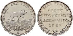 Altdeutsche Münzen und Medaillen. Anhalt-Bernburg. Alexander Carl 1834-1863 
Ausbeutetaler 1862 A. AKS 17, J. 73, Thun 6, Kahnt 6.
kleine Kratzer, g...
