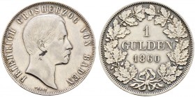 Altdeutsche Münzen und Medaillen. Baden-Durlach. Friedrich I. 1852-1907 
Gulden 1860. AKS 125, J. 76.
besserer Jahrgang, sehr schön-vorzüglich