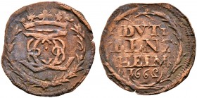 Altdeutsche Münzen und Medaillen. Bentheim-Steinfurt. Ernst Wilhelm 1643-1693 
Cu-Duit 1662 (die letzte Ziffer der Jahreszahl seitenverkehrt). Kennep...