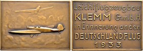 Altdeutsche Münzen und Medaillen. Böblingen, Stadt. 
Bronzeplakette 1933 von Mayer und Wilhelm, auf den Deutschlandflug. Zwei Klemm-Sporttiefdecker "...