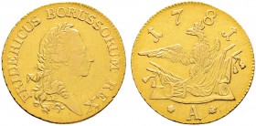 Altdeutsche Münzen und Medaillen. Brandenburg-Preußen. Friedrich II. 1740-1786 
Friedrichs d'or 1781 -Berlin-. Olding 435, v.Schr. 393, Fr. 2411. 6,6...