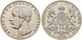 Altdeutsche Münzen und Medaillen. Braunschweig-Calenberg-Hannover. Georg V. 1851-1866 
Doppelter Vereinstaler 1866 B. AKS 143, J. 97, Thun 175, Kahnt...