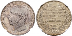 Altdeutsche Münzen und Medaillen. Braunschweig-Calenberg-Hannover. Georg V. 1851-1866 
Vereinstaler 1865 B. Vereinigung mit Ostfriesland. AKS 161, J....