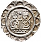 Altdeutsche Münzen und Medaillen. Donauwörth, königliche Münzstätte. Heinrich VI. 1190-1197 
Brakteat. Die gekrönten Brustbilder des Königs und seine...