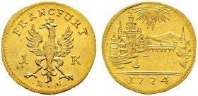 Altdeutsche Münzen und Medaillen. Frankfurt, Stadt. 
1/3 Dukat (Goldabschlag von den Stempeln des Kreuzers) 1774. Adler / Stadtansicht. J.u.F. 882 An...