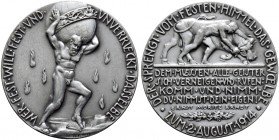 Thematische Medaillen. Medailleure. Goetz, Karl (1875-1950). 
Weißmetallmedaille 1914. Auf die deutsche Mobilmachung. Atlas trägt die Erdkugel / Nack...