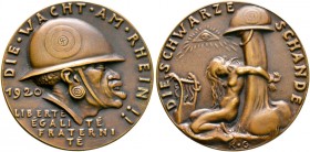 Thematische Medaillen. Medailleure. Goetz, Karl (1875-1950). 
Bronzegussmedaille 1920. Auf die Wacht am Rhein. Schwarzafrikaner mit französischem Sta...