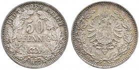 Deutsche Münzen und Medaillen ab 1871. Kleinmünzen. 
50 Pfennig 1877 H. J. 8.
seltenes Prachtexemplar mit feiner Patina, vorzüglich-Stempelglanz