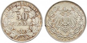 Deutsche Münzen und Medaillen ab 1871. Kleinmünzen. 
50 Pfennig 1900 J. J. 15.
feine Tönung, minimale Randverprägung, fast Stempelglanz