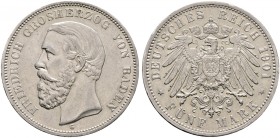 Deutsche Münzen und Medaillen ab 1871. Silbermünzen des Kaiserreiches. BADEN. Friedrich I. 1852-1907 
5 Mark 1901 G. J. 29.
kleine Randfehler, sehr ...