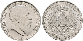 Deutsche Münzen und Medaillen ab 1871. Silbermünzen des Kaiserreiches. BADEN. Friedrich I. 1852-1907 
2 Mark 1907 G. J. 32.
vorzüglich-Stempelglanz...