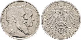 Deutsche Münzen und Medaillen ab 1871. Silbermünzen des Kaiserreiches. BADEN. Friedrich I. 1852-1907 
5 Mark 1906. Goldene Hochzeit. J. 35.
vorzügli...