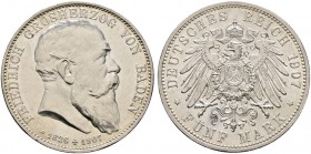 Deutsche Münzen und Medaillen ab 1871. Silbermünzen des Kaiserreiches. BADEN. Friedrich I. 1852-1907 
5 Mark 1907. Auf seinen Tod. J. 37.
kleine Kra...