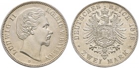Deutsche Münzen und Medaillen ab 1871. Silbermünzen des Kaiserreiches. BAYERN. Ludwig II. 1864-1886 
2 Mark 1876 D. J. 41.
sehr selten in dieser Erh...
