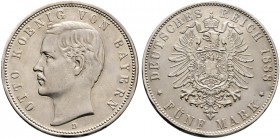 Deutsche Münzen und Medaillen ab 1871. Silbermünzen des Kaiserreiches. BAYERN. Otto 1888-1913 
5 Mark 1888 D. J. 44.
leicht berieben, sehr schön-vor...