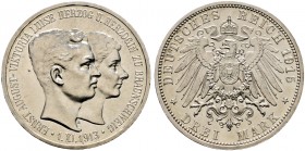 Deutsche Münzen und Medaillen ab 1871. Silbermünzen des Kaiserreiches. BRAUNSCHWEIG. Ernst August 1913-1916 
3 Mark 1915 A. Regierungsantritt. Ohne L...