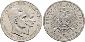 Deutsche Münzen und Medaillen ab 1871. Silbermünzen des Kaiserreiches. BRAUNSCHWEIG. Ernst August 1913-1916 
5 Mark 1915 A. Regierungsantritt. Ohne L...