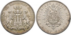 Deutsche Münzen und Medaillen ab 1871. Silbermünzen des Kaiserreiches. HAMBURG. 
5 Mark 1875 J. J. 62.
überdurchschnittliche Erhaltung, winzige Krat...