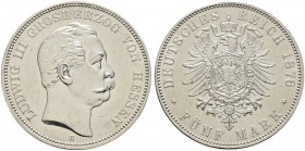 Deutsche Münzen und Medaillen ab 1871. Silbermünzen des Kaiserreiches. HESSEN. Ludwig III. 1848-1877 
5 Mark 1876 H. J. 67.
überdurchschnittliche Er...