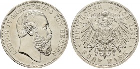 Deutsche Münzen und Medaillen ab 1871. Silbermünzen des Kaiserreiches. HESSEN. Ludwig IV. 1877-1892 
5 Mark 1891 A. J. 71.
selten, überdurchschnittl...