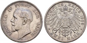 Deutsche Münzen und Medaillen ab 1871. Silbermünzen des Kaiserreiches. LIPPE. Leopold IV. 1905-1918 
2 Mark 1906 A. J. 78.
vorzüglich-Stempelglanz...