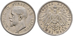 Deutsche Münzen und Medaillen ab 1871. Silbermünzen des Kaiserreiches. LIPPE. Leopold IV. 1905-1918 
2 Mark 1906 A. J. 78.
gutes sehr schön