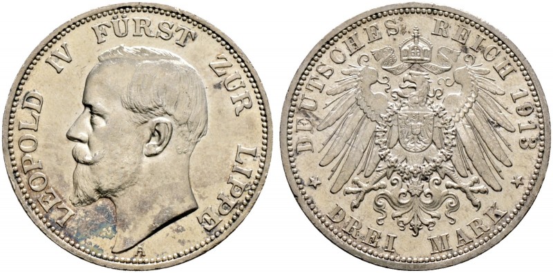 Deutsche Münzen und Medaillen ab 1871. Silbermünzen des Kaiserreiches. LIPPE. Le...