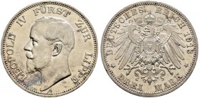Deutsche Münzen und Medaillen ab 1871. Silbermünzen des Kaiserreiches. LIPPE. Leopold IV. 1905-1918 
3 Mark 1913 A. J. 79.
winzige Randunebenheiten ...