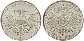 Deutsche Münzen und Medaillen ab 1871. Silbermünzen des Kaiserreiches. LÜBECK. 
2 Mark 1901 A. J. 80.
Prachtexemplar, fast Stempelglanz/Stempelglanz...