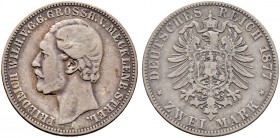 Deutsche Münzen und Medaillen ab 1871. Silbermünzen des Kaiserreiches. MECKLENBURG-STRELITZ. Friedrich Wilhelm 1860-1904 
2 Mark 1877 A. J. 90.
schö...