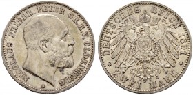 Deutsche Münzen und Medaillen ab 1871. Silbermünzen des Kaiserreiches. OLDENBURG. Nicolaus Friedrich Peter 1853-1900 
2 Mark 1891 A. J. 93.
gutes se...
