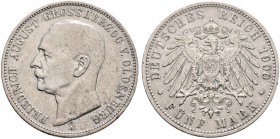 Deutsche Münzen und Medaillen ab 1871. Silbermünzen des Kaiserreiches. OLDENBURG. Friedrich August 1900-1918 
5 Mark 1900 A. J. 95.
überdurchschnitt...