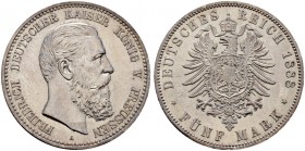 Deutsche Münzen und Medaillen ab 1871. Silbermünzen des Kaiserreiches. PREUSSEN. Friedrich III. 1888 
5 Mark 1888 A. J. 99.
fast Stempelglanz
