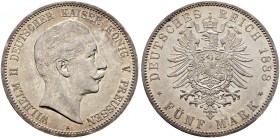 Deutsche Münzen und Medaillen ab 1871. Silbermünzen des Kaiserreiches. PREUSSEN. Wilhelm II. 1888-1918 
5 Mark 1888 A. J. 101.
selten, vorzüglich-St...