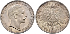 Deutsche Münzen und Medaillen ab 1871. Silbermünzen des Kaiserreiches. PREUSSEN. Wilhelm II. 1888-1918 
3 Mark 1909 A. J. 103.
feine Tönung, Poliert...