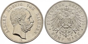 Deutsche Münzen und Medaillen ab 1871. Silbermünzen des Kaiserreiches. SACHSEN. Albert 1873-1902 
5 Mark 1899 E. J. 125.
seltener Jahrgang, minimale...
