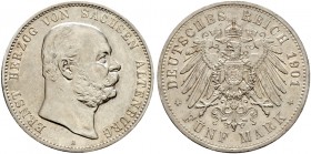Deutsche Münzen und Medaillen ab 1871. Silbermünzen des Kaiserreiches. SACHSEN-ALTENBURG. Ernst 1853-1908 
5 Mark 1901 A. 75. Geburtstag. J. 143.
se...