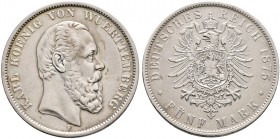 Deutsche Münzen und Medaillen ab 1871. Silbermünzen des Kaiserreiches. WÜRTTEMBERG. Karl 1864-1891 
5 Mark 1875 F. J. 173.
leicht berieben, sehr sch...