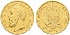 Deutsche Münzen und Medaillen ab 1871. Reichsgoldmünzen. BADEN. Friedrich I. 1852-1907 
20 Mark 1872 G. J. 184.
winzige Kratzer, fast vorzüglich