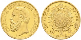 Deutsche Münzen und Medaillen ab 1871. Reichsgoldmünzen. BADEN. Friedrich I. 1852-1907 
20 Mark 1873 G. J. 184.
minimale Randfehler und Kratzer, vor...