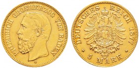 Deutsche Münzen und Medaillen ab 1871. Reichsgoldmünzen. BADEN. Friedrich I. 1852-1907 
5 Mark 1877 G. J. 185.
Rand leicht bearbeitet, sonst vorzügl...