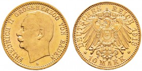 Deutsche Münzen und Medaillen ab 1871. Reichsgoldmünzen. BADEN. Friedrich II. 1907-1918 
10 Mark 1913 G. J. 191.
seltener Jahrgang, Prachtexemplar, ...