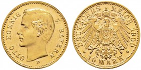 Deutsche Münzen und Medaillen ab 1871. Reichsgoldmünzen. BAYERN. Otto 1886-1913 
10 Mark 1900 D. J. 201.
Prachtexemplar, minimale Kratzer, fast Stem...