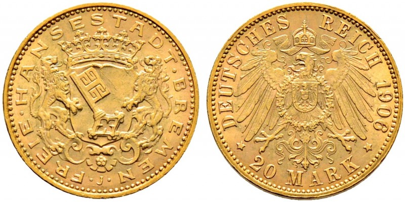 Deutsche Münzen und Medaillen ab 1871. Reichsgoldmünzen. BREMEN. 
20 Mark 1906 ...