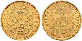 Deutsche Münzen und Medaillen ab 1871. Reichsgoldmünzen. BREMEN. 
20 Mark 1906 J. J. 205.
minimale Kratzer, vorzüglich