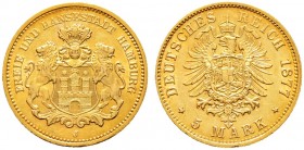 Deutsche Münzen und Medaillen ab 1871. Reichsgoldmünzen. HAMBURG. 
5 Mark 1877 J. J. 208.
minimale Kratzer, vorzüglich