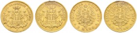Deutsche Münzen und Medaillen ab 1871. Reichsgoldmünzen. HAMBURG. 
Lot (2 Stücke): 5 Mark 1877 J. J. 208.
minimale Fassungsspuren am Rand, kleine Dr...