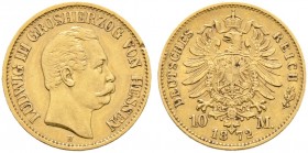 Deutsche Münzen und Medaillen ab 1871. Reichsgoldmünzen. HESSEN. Ludwig III. 1848-1877 
10 Mark 1872 H. J. 213.
leichter Randfehler, gutes sehr schö...