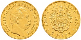 Deutsche Münzen und Medaillen ab 1871. Reichsgoldmünzen. HESSEN. Ludwig III. 1848-1877 
5 Mark 1877 E. J. 215.
selten, minimale Kratzer, vorzüglich...