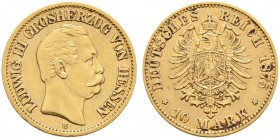 Deutsche Münzen und Medaillen ab 1871. Reichsgoldmünzen. HESSEN. Ludwig III. 1848-1877 
10 Mark 1875 H. J. 216.
minimale Kratzer, sehr schön